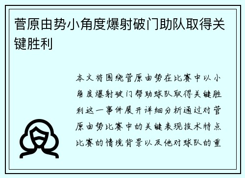菅原由势小角度爆射破门助队取得关键胜利
