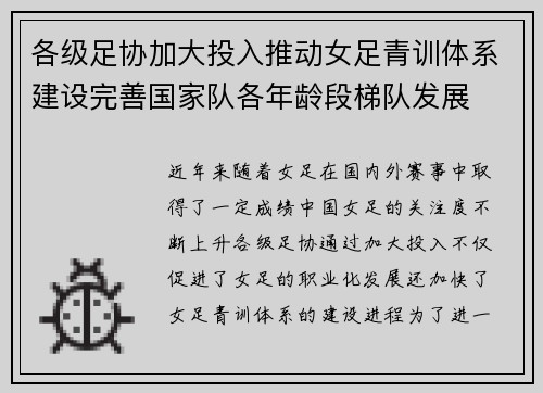 各级足协加大投入推动女足青训体系建设完善国家队各年龄段梯队发展 各级足协加大投入推动女足青训体系建设完善国家队各年龄段梯队发展