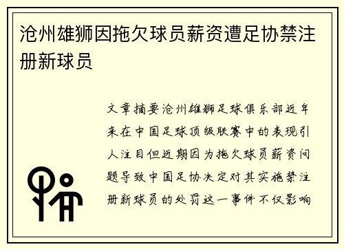 沧州雄狮因拖欠球员薪资遭足协禁注册新球员 沧州雄狮因拖欠球员薪资遭足协禁注册新球员